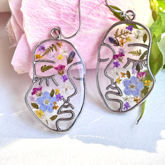 Abstract Face Big Earrings Silver